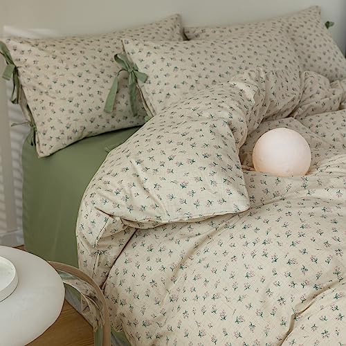 Full Comforter Set Vintage Green Floral Bedding Comforter Boho Flower Cottagecore Comforter with 2 Bow Ties Pillowcases Fluffy Lightweight Bedding Farmhouse Botanical Comforter Set (3 Count)