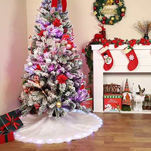 30 Inch Faux Fur Christmas Tree Skirt with LED Lights Soft Snow White Plush Tree Mat Christmas Decorations Fluffy Tree Skirts Xmas Holiday Party Indoor Decorations