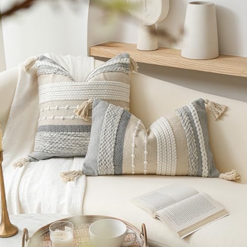 Gray Boho Throw Pillow Cover 20x20 Grey Decorative Accent Pillow for Couch Square Woven Textured Pillowcase Modern Farmhouse Pillow for Bed Bohemian Pillow Cover