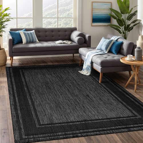 Large Outdoor Rug 9x12 Modern Bordered Area Rugs for Indoor and Outdoor Patio Deck Porch Garden Waterproof Weather Sun Resistant Washable Outside Carpet (108 Sq Ft)