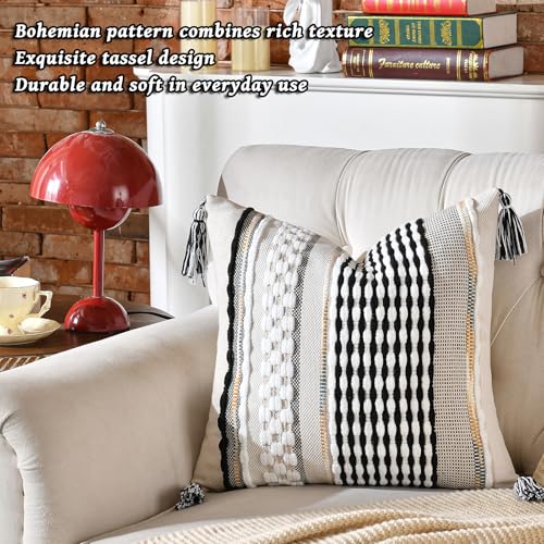 Set of 2 Chenille Striped Textured Boho Throw Pillow Covers Aesthetic with Tassels Woven Decorative Pillow Case for Couch Bed Sofa Bedroom Modern Funky 18 x 18 (2 Count)