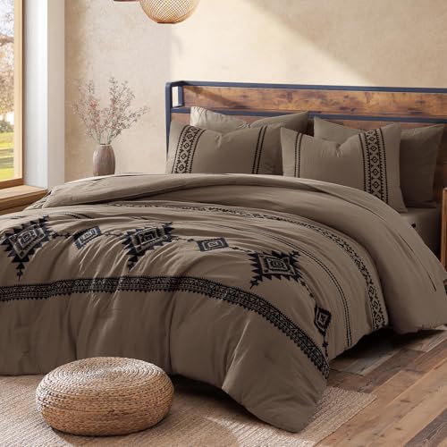 Embroidery Queen Comforter Set 7 Pieces Taupe Grey Bed in a Bag