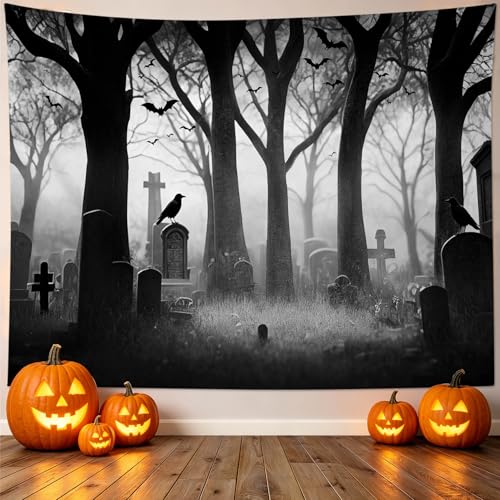 Spooky Halloween Cemetery Tapestry Scary Tombstone with Dead Trees Forest Tapestry Wall Hanging Horror Ghost Party Background Tapestry for Bedroom Living Room Dorm 59Wx51L Inches