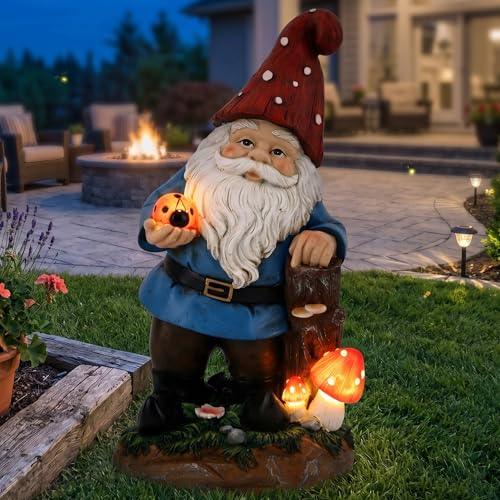 Solar Garden Gnome Statue with Glowing Ladybug & Mushroom