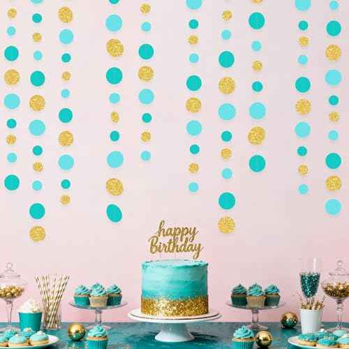 Teal Gold Party Polka Dot Garland Banner Aqua Turquoise Glitter Gold Hanging Paper Circle Dots Streamer for Birthday Wedding Shower Engagement Bridal Shower Retirement Party Decorations Supplies