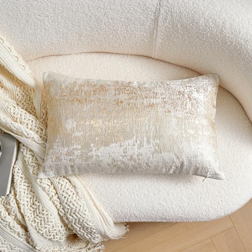 Cream Champagne Metallic Jacquard Lumbar Throw Pillow Cover 12x20 Velvet Back Modern Glam Sofa Decor