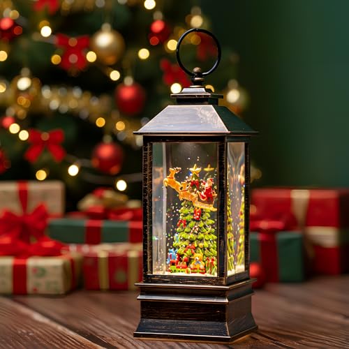 10'' Musical Snow Globe Lantern Lighted Christmas Tree and Flying Santa Water Lantern Swirling Glittering Home Decoration and Gift