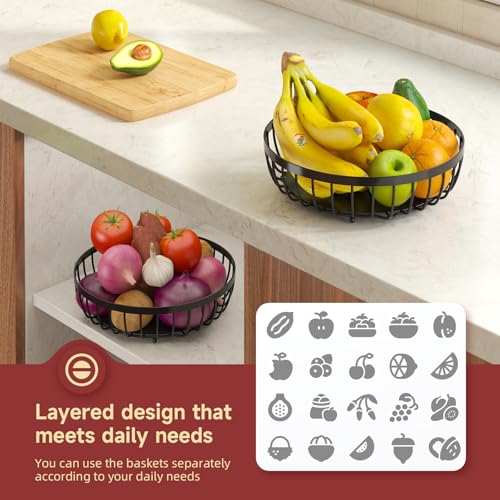 2 Tier Large Fruit Bowl for Kitchen Counter with 2 Banana Hangers
