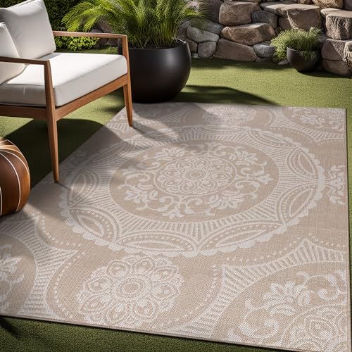 Medallion Outdoor Rug 10x14 Washable Outside Carpet for Indoor Patio Porch Waterproof Easy Cleaning Non Shedding Area Rugs Beige 10 x 14