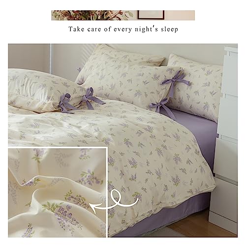 Lilac Comforter Set Twin XL Girls Purple Flower Bedding Comforter Vintage Garden Floral Comforter Set Fluffy Soft Botanical Comforter with 2 Bow Ties Pillowcases for Girls Women Twin XL Size