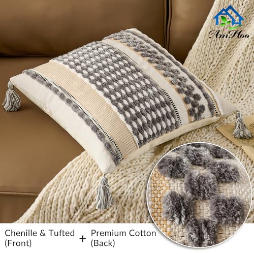 Set of 2 Chenille Striped Textured Boho Throw Pillow Covers Aesthetic with Tassels Woven Decorative Pillow Case for Couch Bed Sofa Bedroom Modern Funky 18 x 18 (2 Count)