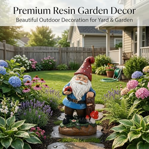 Solar Garden Gnome Statue with Glowing Ladybug & Mushroom
