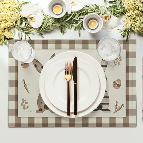 Easter Bunny Buffalo Plaid Placemats Set of 4 Rabbit Spring Egg Dining Table Placemats 12x18 Inch Check Brown White Heat Resistant Washable Table Mats for Kitchen Dining Holiday Indoor (4 Count)