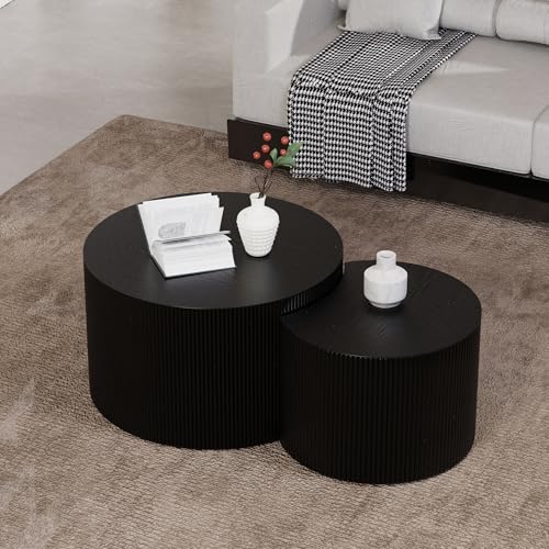 Black Round Fluted Nesting Coffee Table Set of 2