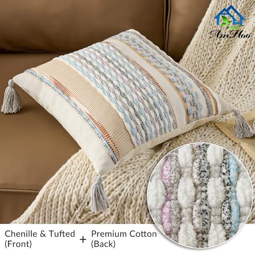 Set of 2 Chenille Striped Textured Boho Throw Pillow Covers Aesthetic with Tassels Woven Decorative Pillow Case for Couch Bed Sofa Bedroom Modern Funky 18 x 18 (2 Count)