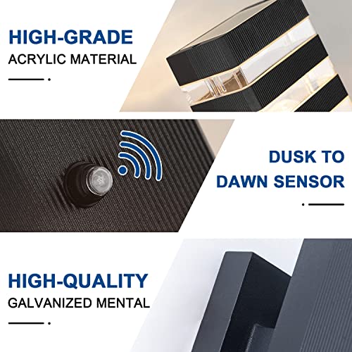 2PK Dusk to Dawn Sensor Outdoor Wall Lights Up Down Porch Lights Modern Exterior Light Fixtures Photocell Waterproof Black Aluminum Housing for Front Porch