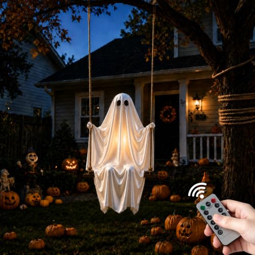Halloween Ghost Decorations 2026 New 5 FT Large Hanging Swing Ghost with Warm LED Lights Inside