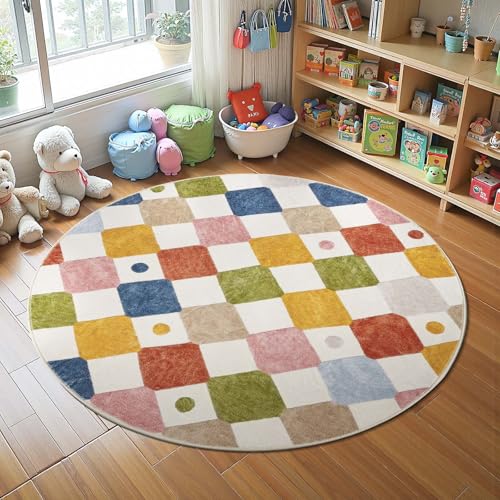 4ft Round Rug Washable Kids Playroom Rug Colorful Nursery Play Mat (12.57 Sq Ft)
