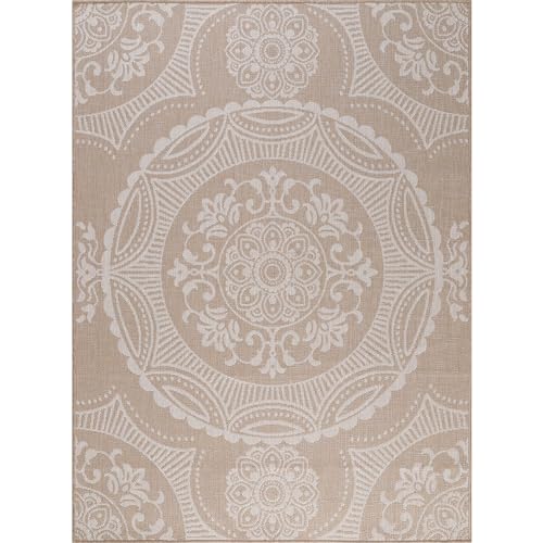 Medallion Outdoor Rug 8x10 Washable Outside Carpet for Indoor Patio Porch Waterproof Easy Cleaning Non Shedding Area Rugs Beige 8 x 10