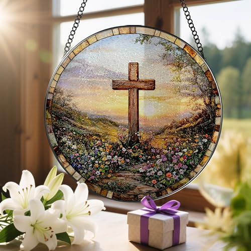 8 Inches Cross Sunset Stained Glass Suncatcher
