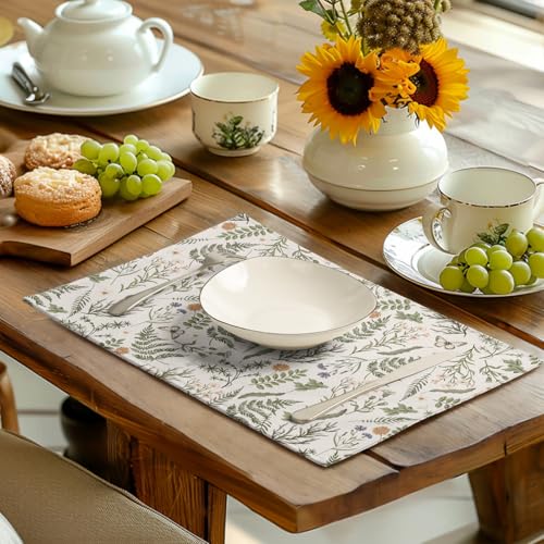 Sage Green Wild Flower Spring Summer Placemats Set of 4 Seasonal Wildflower Plants Herbs Linen Table Mats 12x18 Inch Vintage Floral Place Mats for Farmhouse Kitchen Dining Decoration (4 Count)