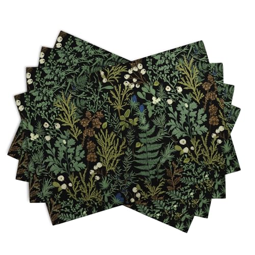 Black Sage Green Leaves Placemats Set of 4 Vintage Botanical Fern Leaf Floral Place Mats Farmhouse Heat Resistant Washable Kitchen Dining Linen Table Mats for Home Party Decor 12x18 Inch (4 Count)