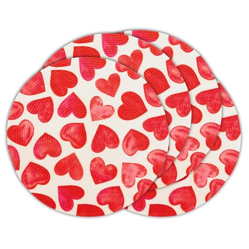 4 Pcs Round Valentine's Day Braided Placemats Place Mats Watercolor Heart Dinner Table Mats Valentine Dining Table Decor for Home Wedding Anniversary Party Farmhouse Kitchen Decor (4 Count)