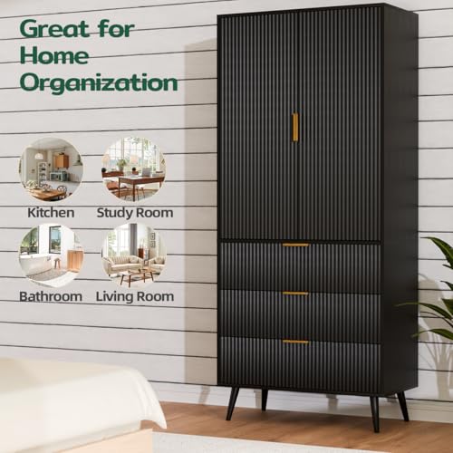 Fluted Tall Cabinet Kitchen Pantry with Adjustable Shelves