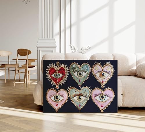 Psychedelic Eyes Canvas Wall Art Gothic Maximalist Witchy Art Wall Decor Picture Dark Academia Aesthetic Poster Eclectic Love Heart Jewel Gem Painting Print Artwork for Bedroom Living Room Decorate