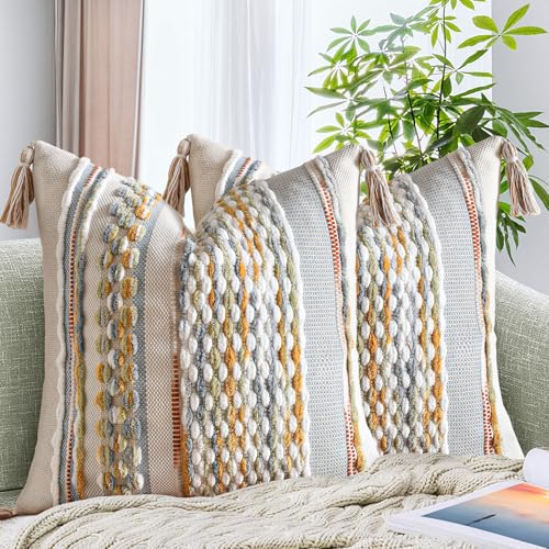 Set of 2 Chenille Striped Textured Boho Throw Pillow Covers Aesthetic with Tassels Woven Decorative Pillow Case for Couch Bed Sofa Bedroom Modern Funky 18 x 18 (2 Count)
