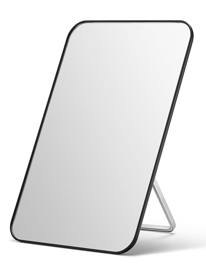OMIRO Desk Makeup Mirror, 8 x 5 inches Table Mirror with Foldable Stand and Hanging Hole for Shaving and Travelling, Black