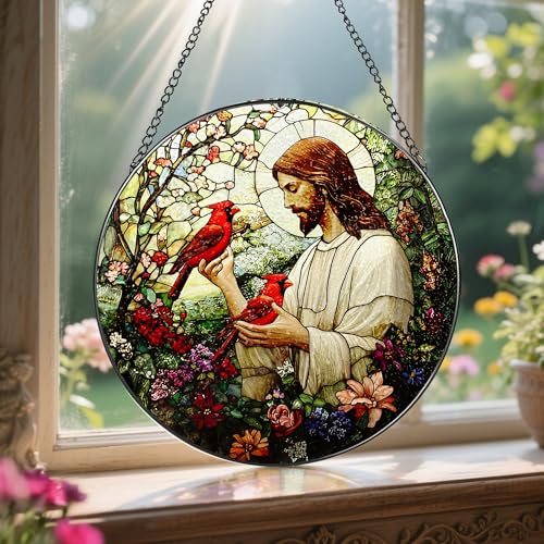 8 Inch Jesus with Cardinals Suncatcher Ornament