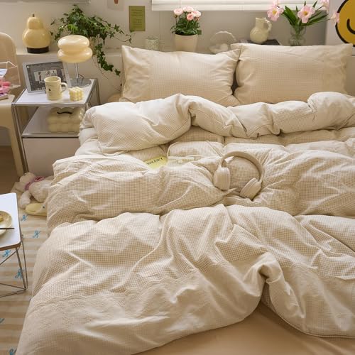 Tan Gingham Comforter Set King Romantic Lace Bedding Beige Plaid Comforter Set Vintage Grid Checkered Pattern Comforter with 2 Pillowcases Farmhouse Taupe Plaid Gingham Bedding Set