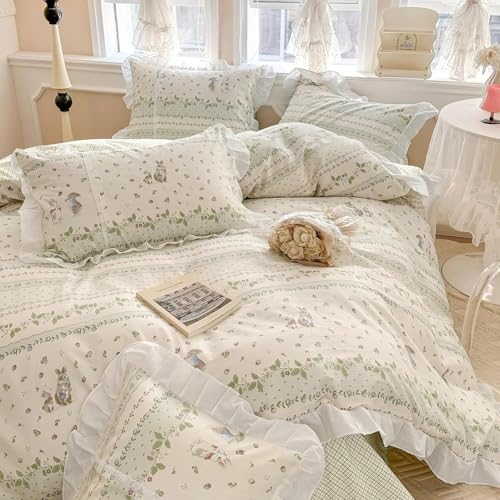 Twin XL Comforter Set Cute Flower Green Leaves Pattern Comforter White Ruffle Bedding Comforter with 2 Pillowcases Reversible Green Plaid Comforter Botanical Flower Cute Rabbit Comforter Set