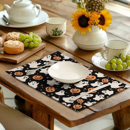 Halloween Placemats Set of 4 12x18 Inch Cute Ghost Pumpkin Table Mats Orange and Black Spooky Rustic Farmhouse Place Mat for Party Kitchen Dining Fall Decor (4 Count)