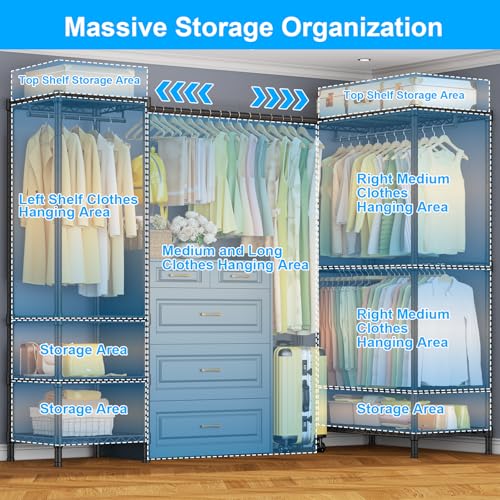 E10L L Shaped Clothes Rack for Corner（With Expandable Hanger Rod）Heavy Duty Freestanding Clothing Racks for Hanging Clothes