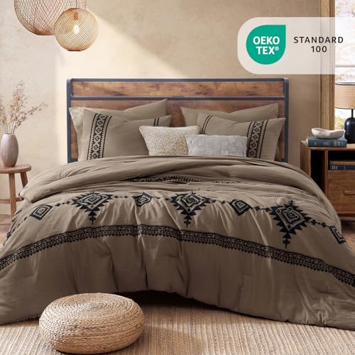 Embroidery King Size Comforter Set 7 Pieces Taupe Grey Bed in a Bag