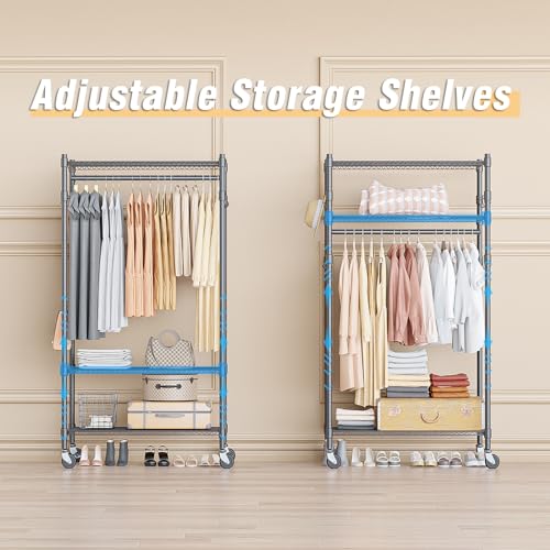 Narrow Rolling Garment Rack with Double Rods and 3 Adjustable Shelves