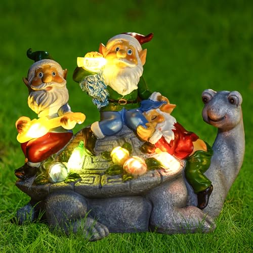 Solar Garden Outdoor Statues Gnome Turtle Three Gnomes Having Party on Turtle with 7 LED Lawn Decor Outside Decorations for Patio