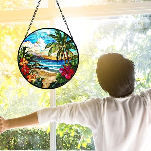 Tropical Hibiscus Beach Stained Glass Window Hanging Suncatcher Gifts 9.8"