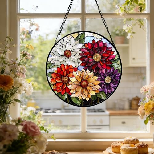 Stained Glass Window Hanging Color Dahlia Suncatcher Gifts for Women 7.8"