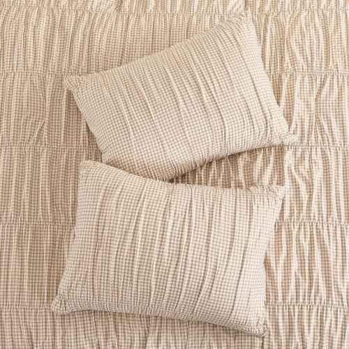 Tan Gingham Twin XL Comforter Set