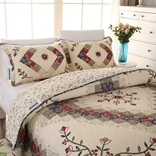 Floral Patchwork Quilt Set Queen Size Authentic Embroidered Stitching Bedspread Coverlet 100% Cotton Beige French Country Reversible Bed Cover Set Soft Breathable Cotton Comforter Cover,3pcs