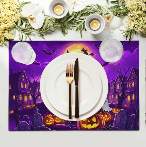 Purple Halloween Placemats Set of 4 Castle Witch Bats Pumpkin Spooky Place Mats Farmhouse Fall Holiday Table Mats for Party Kitchen Dining Outdoor Indoor Decor (4 Count)