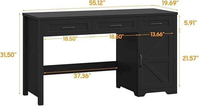 Vabches Farmhouse 55" Executive Desk,Computer Desk with 3 Drawers and Storage Cabinet,Home Office Desk for Work and Study. Pure Black