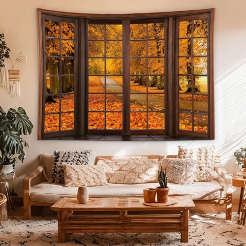 Fall Forest Window Tapestry for Bedroom Autumn Maple Tree with Orange Leaves Tapestry Wall Hanging Rustic Vintage Wall Decor for Living Room