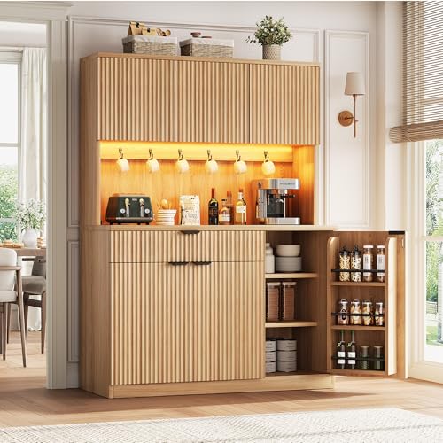 Fluted Kitchen Pantry Storage Cabinet with Charging Station & LED Lights