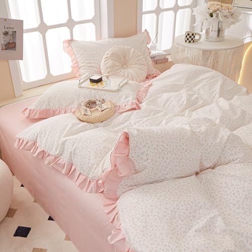 Pink Flower Comforter Set Full Vintage Coquette Bedding Comforter Cottagecore Floral Comforter Set with Elegant Ruffles Soft Fluffy Lightweight Botanical Bedding Set for Girls Women