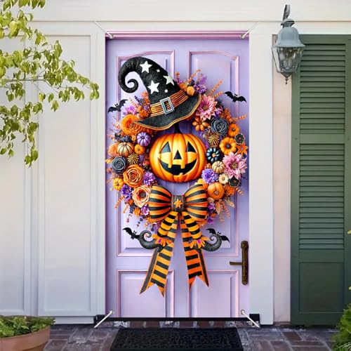 Halloween Witch Pumpkin Door Cover 35x71 Inch Fabric