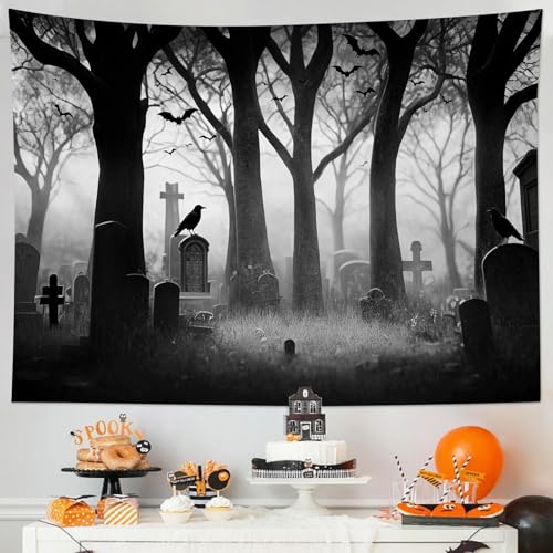 Spooky Halloween Cemetery Tapestry Scary Tombstone with Dead Trees Forest Tapestry Wall Hanging Horror Ghost Party Background Tapestry for Bedroom Living Room Dorm 59Wx51L Inches